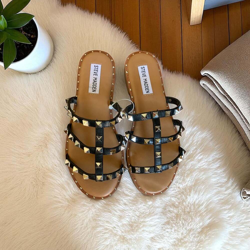 Steve Madden Averill Studded Black Slip On Sandals Flats